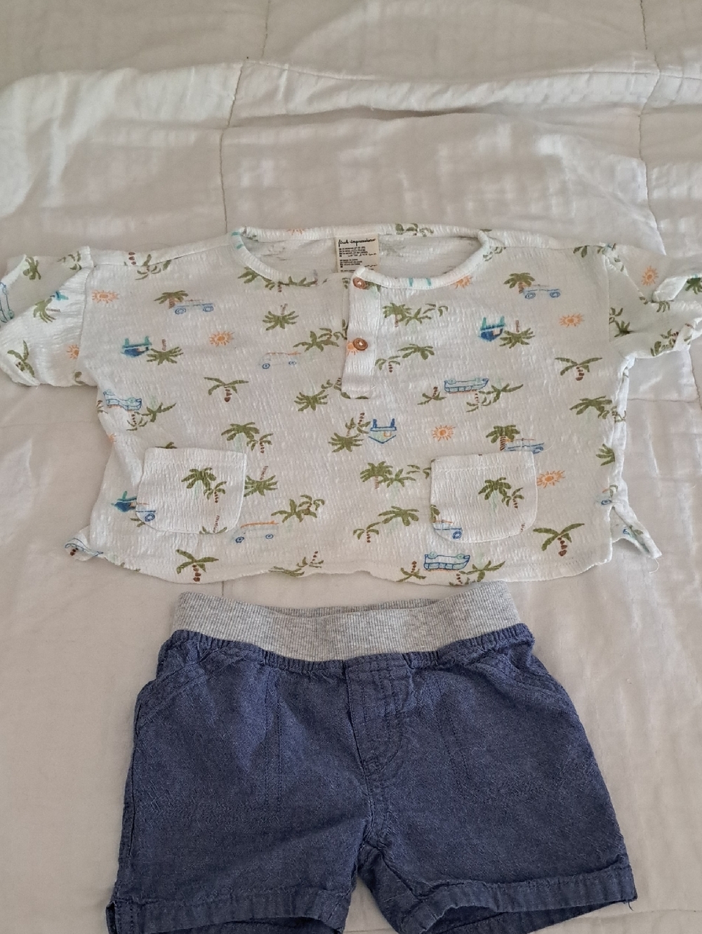 First Impressions White Tropical Print Short Sleeve Top with Front Pockets